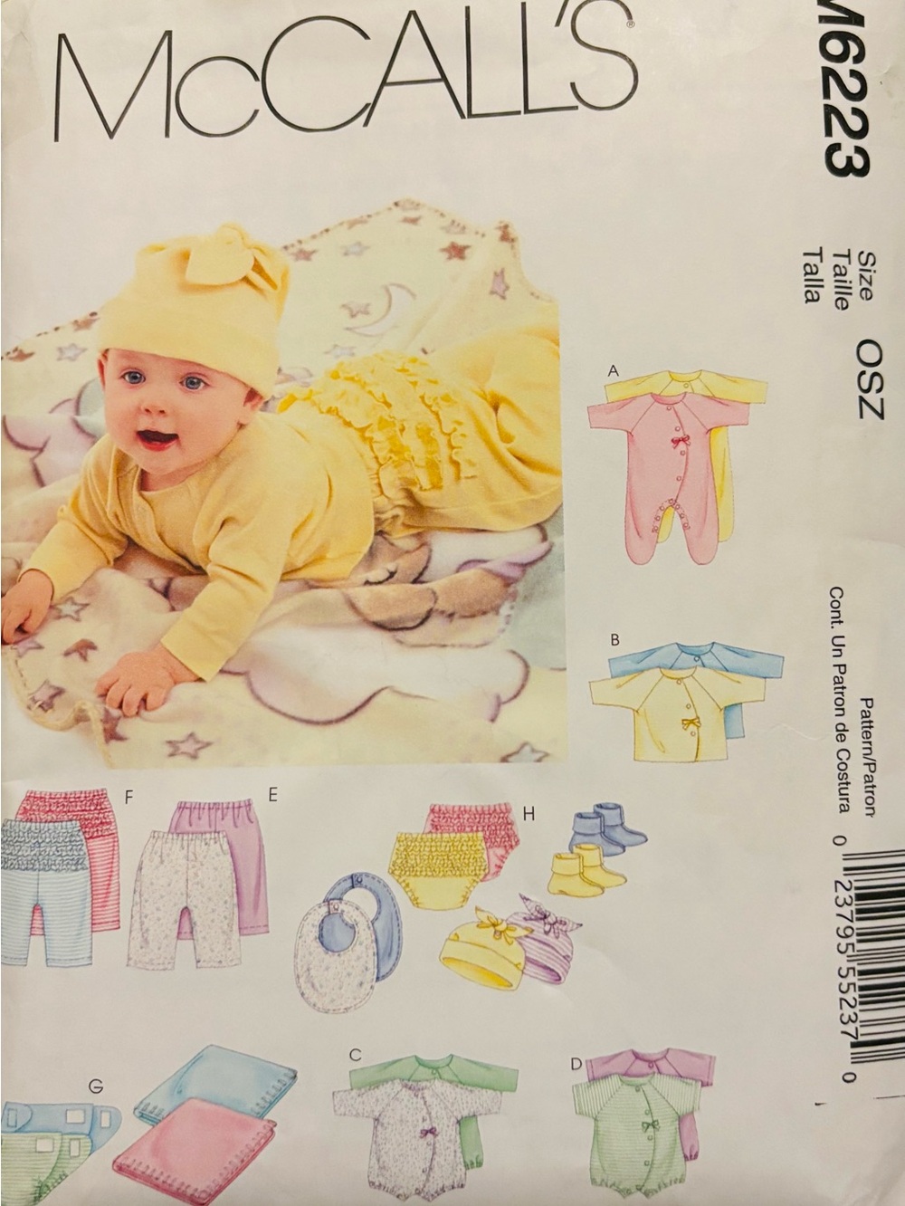 McCall’s M6223 Infant Baby Clothes Bib Booties More size Newborn-Large New